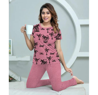 Cotton Jersey Ladies Sleep Suit – Shirt & Trouser (Random Print)