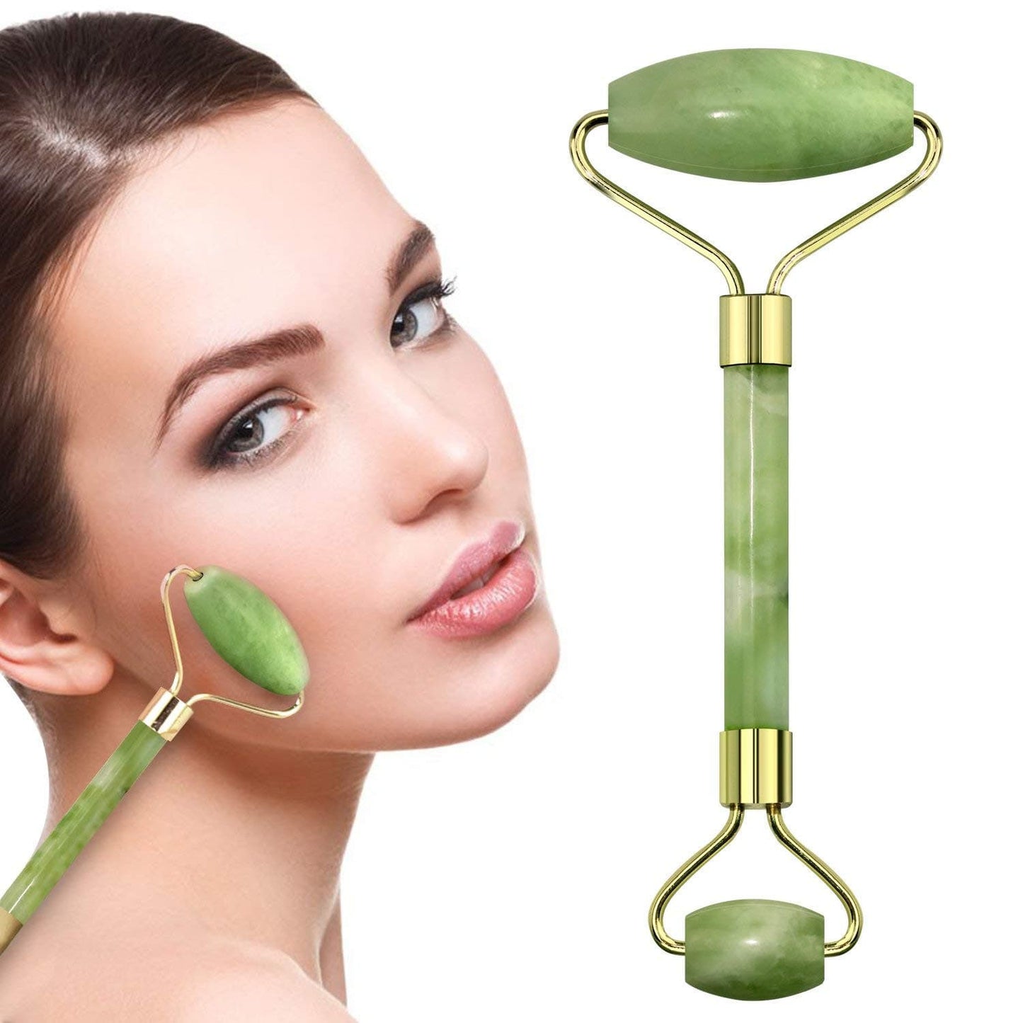 Anti-Aging Natural Stone Jade Roller With Gua-Sha For Face Massage Skin.