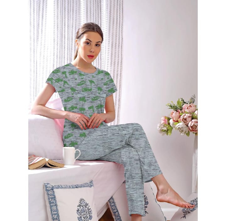 Cotton Jersey Ladies Sleep Suit – Shirt & Trouser (Random Print)