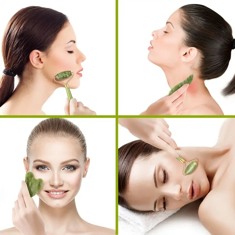 Anti-Aging Natural Stone Jade Roller With Gua-Sha For Face Massage Skin.