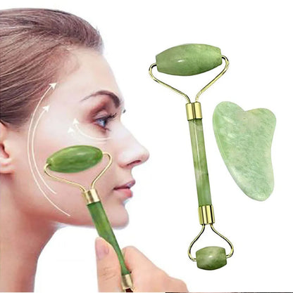 Anti-Aging Natural Stone Jade Roller With Gua-Sha For Face Massage Skin.