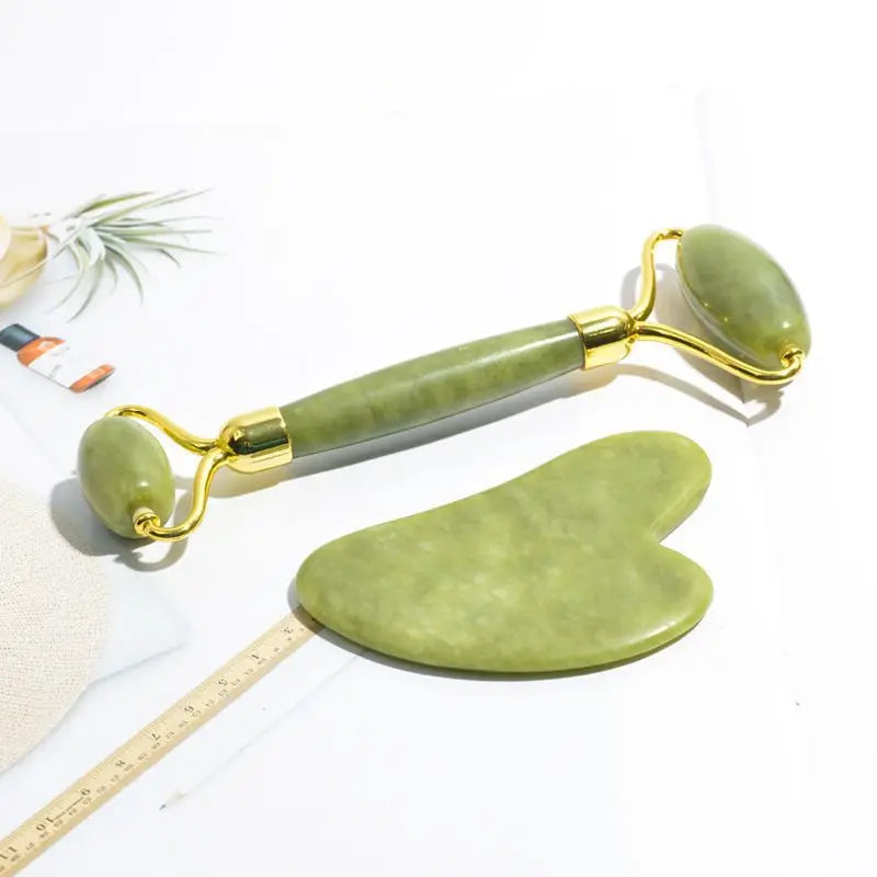 Anti-Aging Natural Stone Jade Roller With Gua-Sha For Face Massage Skin.