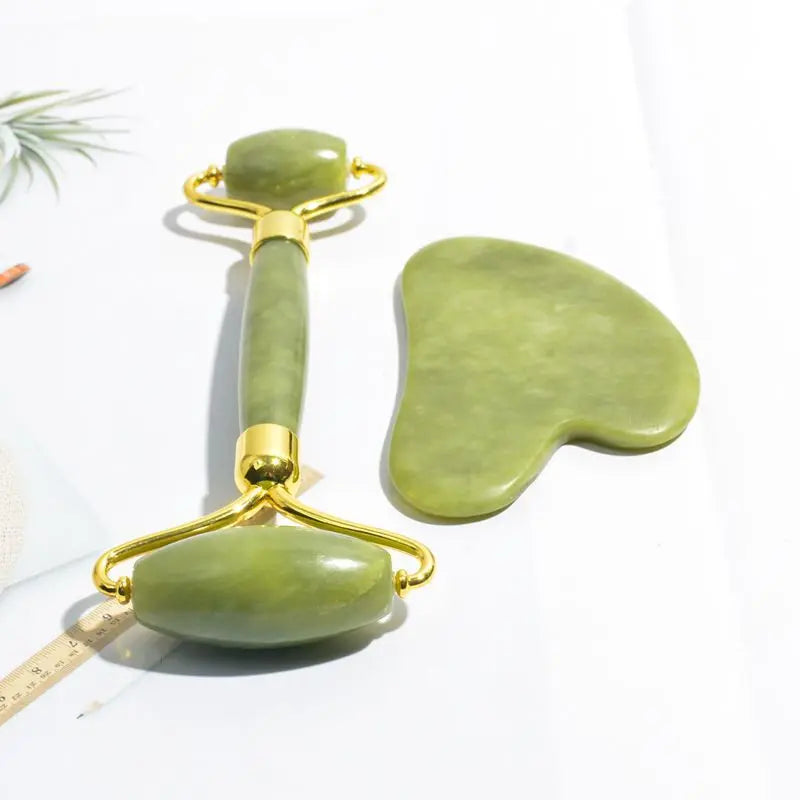 Anti-Aging Natural Stone Jade Roller With Gua-Sha For Face Massage Skin.