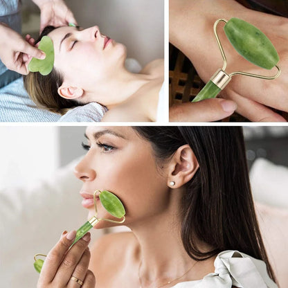 Anti-Aging Natural Stone Jade Roller With Gua-Sha For Face Massage Skin.