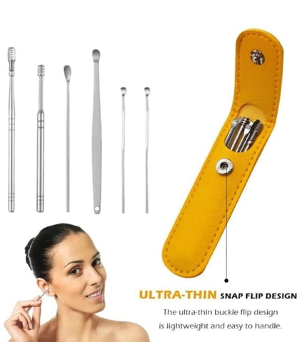 Ear Wax Cleaning Tools kit Set with Leather Pouch Spring Curette Earwax Remover.