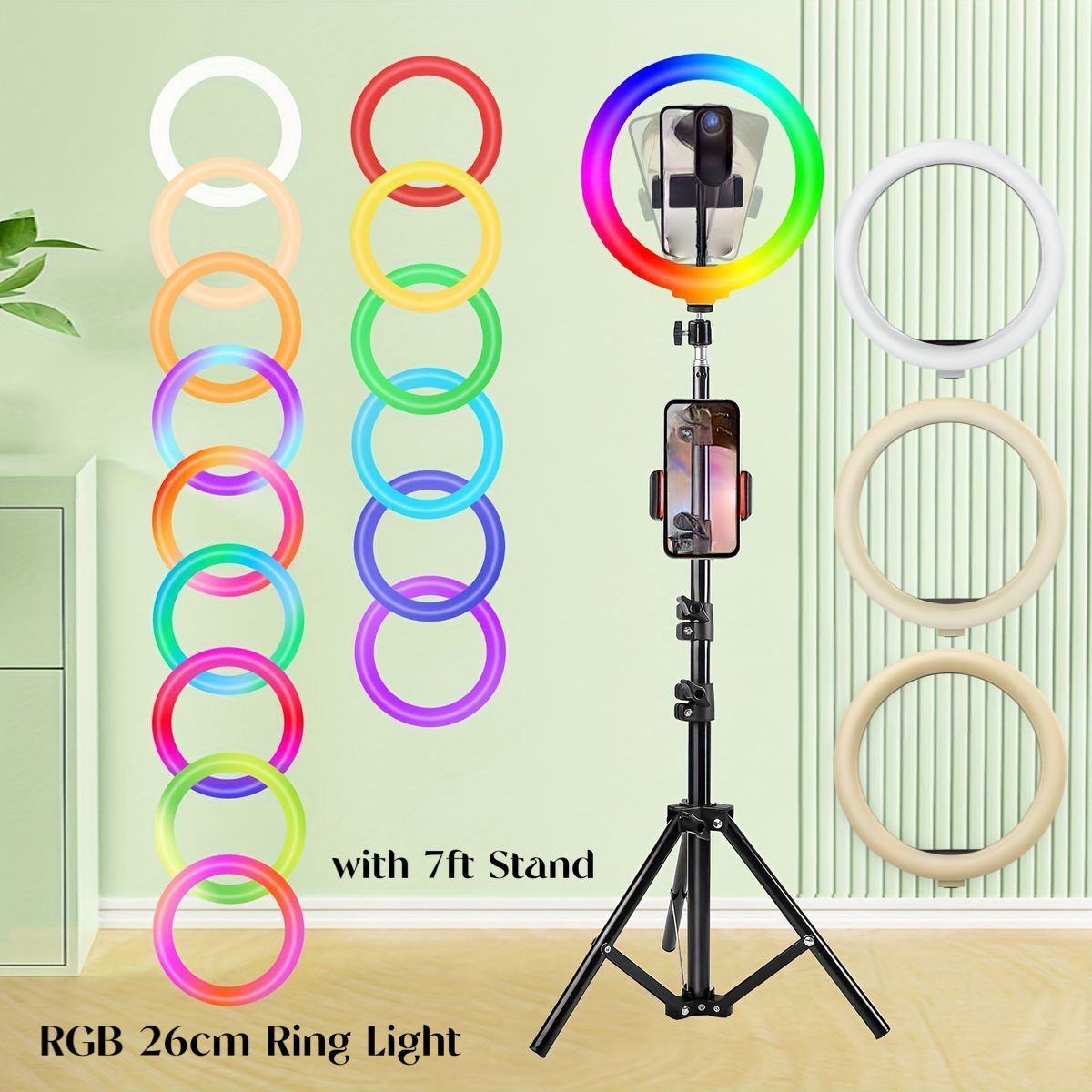 Set of Multi-Use 16 RGB Color 26cm Ring Light with 3 Soft Mode Options and 7ft Stand - (Ring light With 7Fit Tripod Stand)