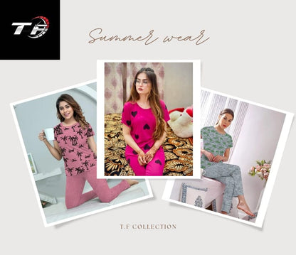 Cotton Jersey Ladies Sleep Suit – Shirt & Trouser (Random Print)